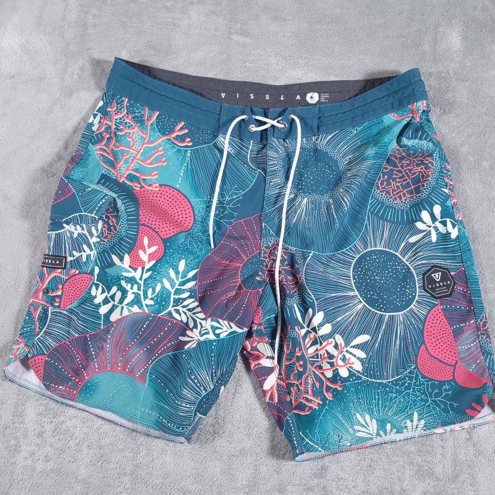 Vissla Board Shorts Men 36 Teal Droplets Upcycled Coconut Stretch Swim Trunks